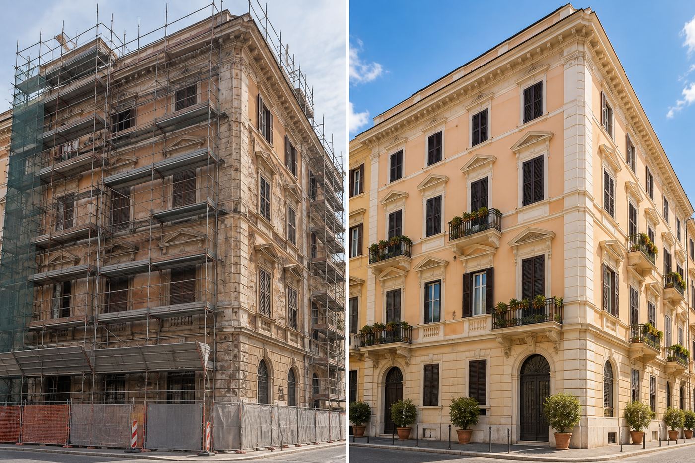 Facciata di palazzo storico tra impalcature durante i lavori e facciata restaurata dopo l'intervento, Roma