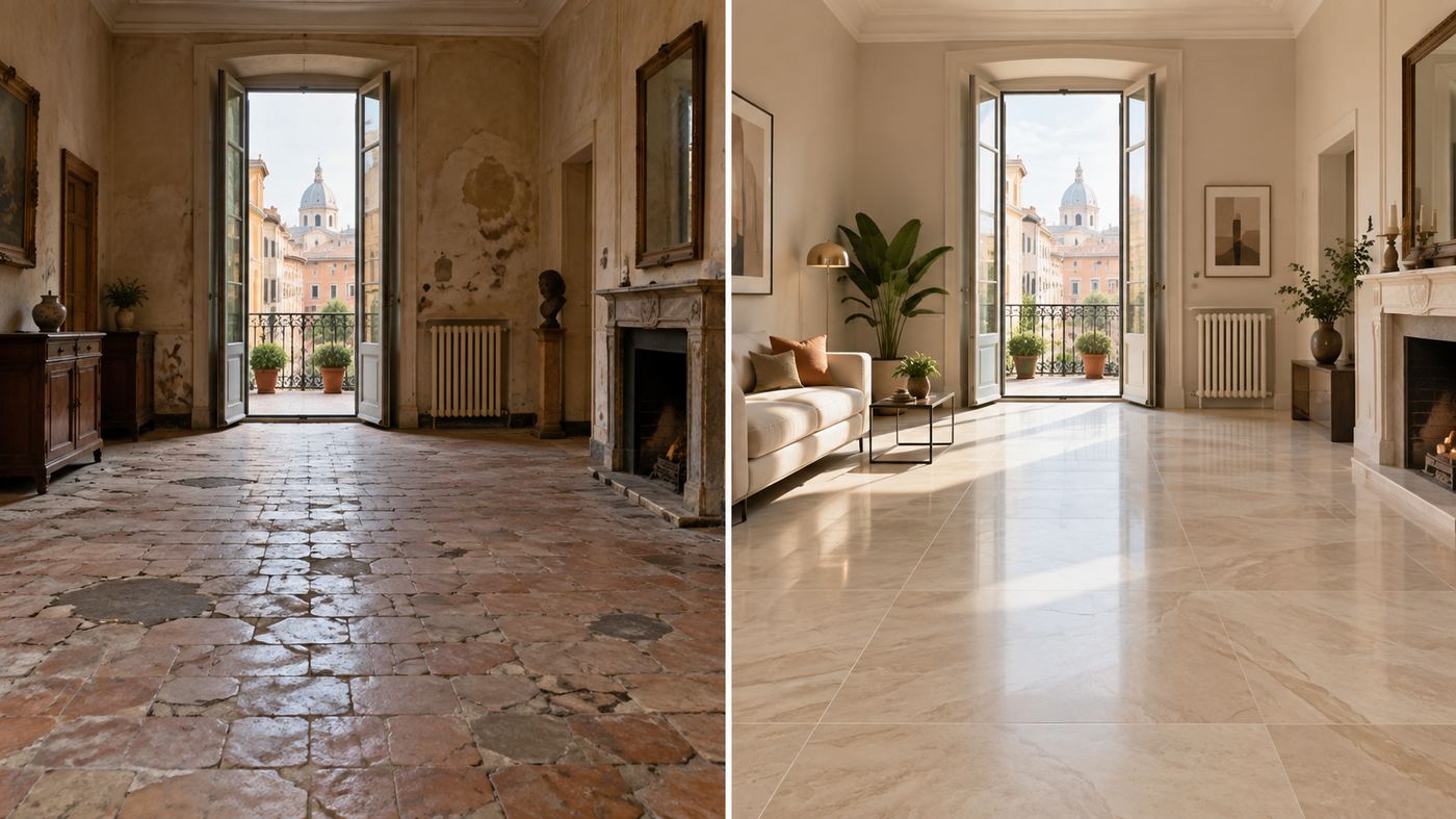 Pavimento in cotto antico prima e pavimento in marmo lucido dopo la ristrutturazione, salone a Roma con vista sui tetti