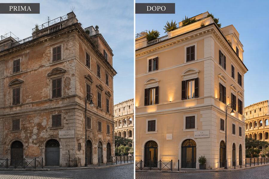 Facciata storica ristrutturata a Roma, Via dei Fori Imperiali, prima e dopo l'intervento