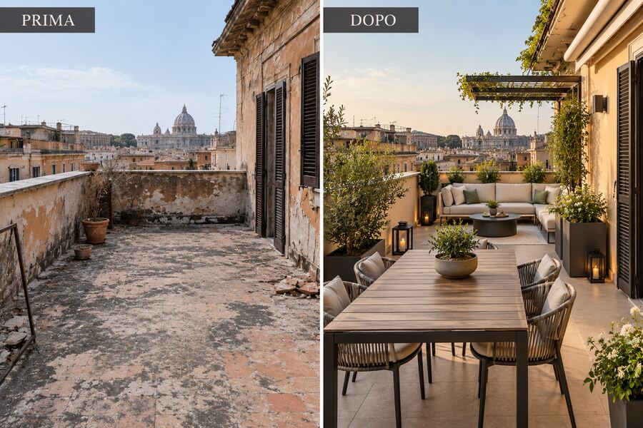 Terrazza panoramica ristrutturata a Roma con vista sulla cupola di San Pietro, prima e dopo